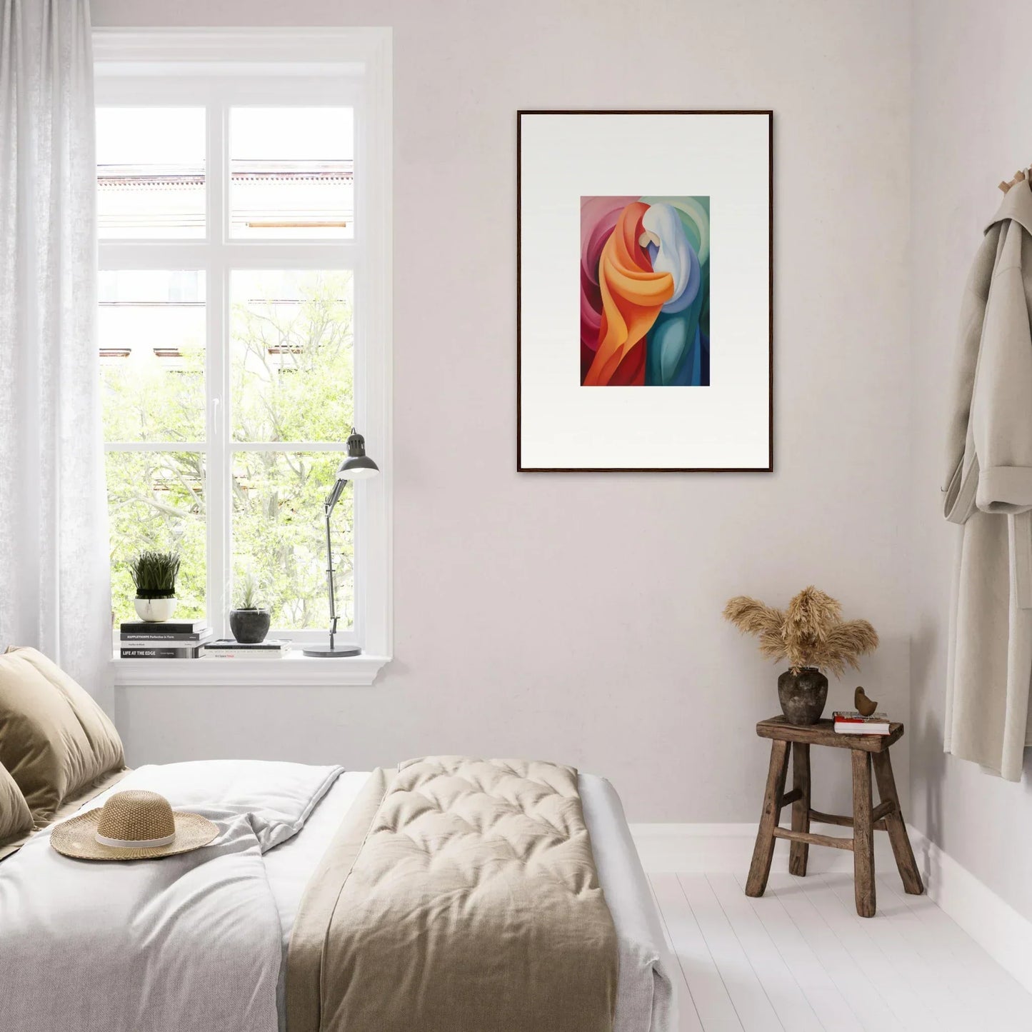 Minimalist bedroom featuring a colorful Mystic VesselSpice premium framed wall art