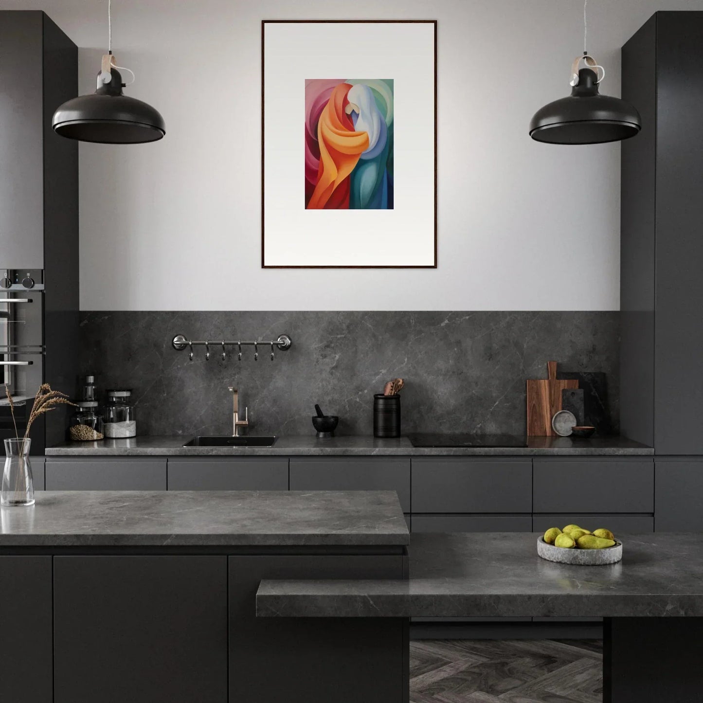 Modern dark gray kitchen featuring Mystic VesselSpice and colorful abstract artwork