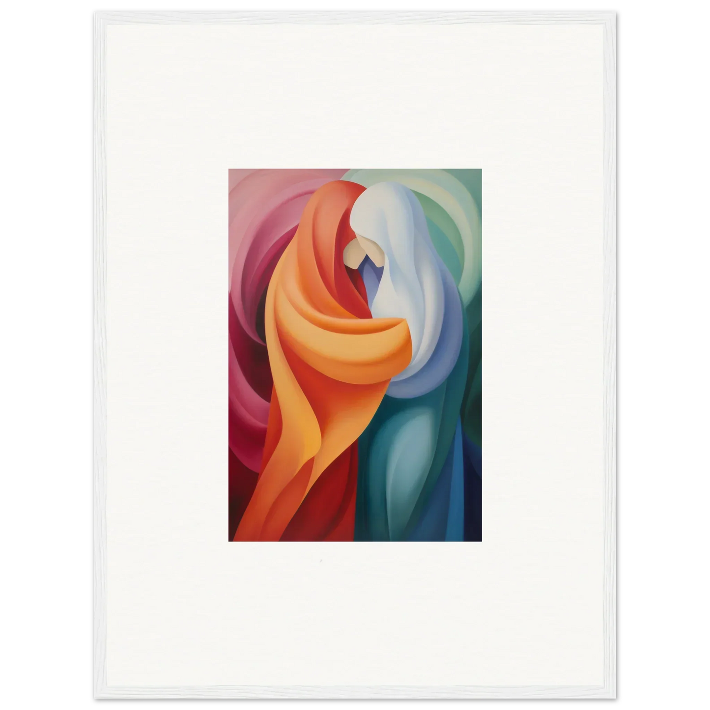 Abstract painting with flowing curves in orange, red, and blue for Mystic VesselSpice