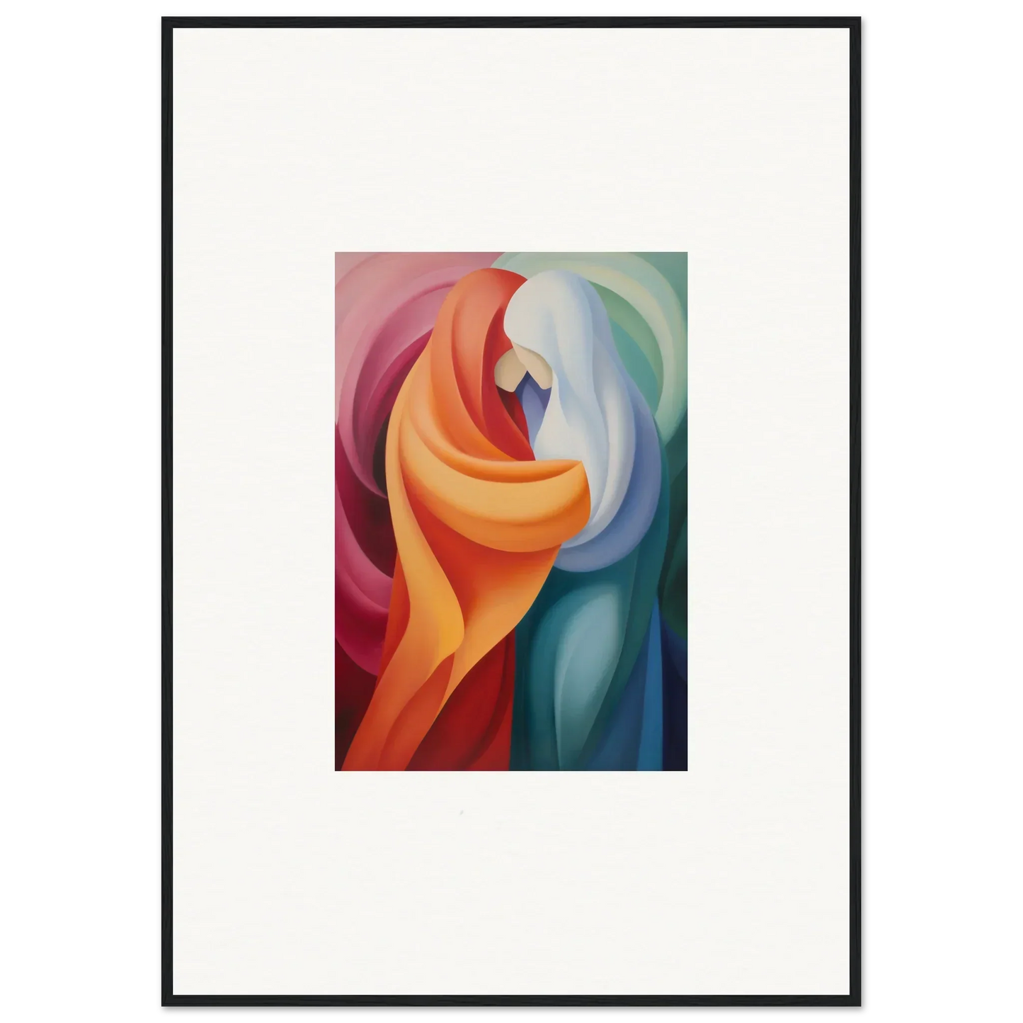 Abstract painting with flowing shapes in orange, red, blue, and white for Mystic VesselSpice