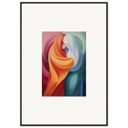 Abstract painting with flowing shapes in orange, red, blue, and white for Mystic VesselSpice