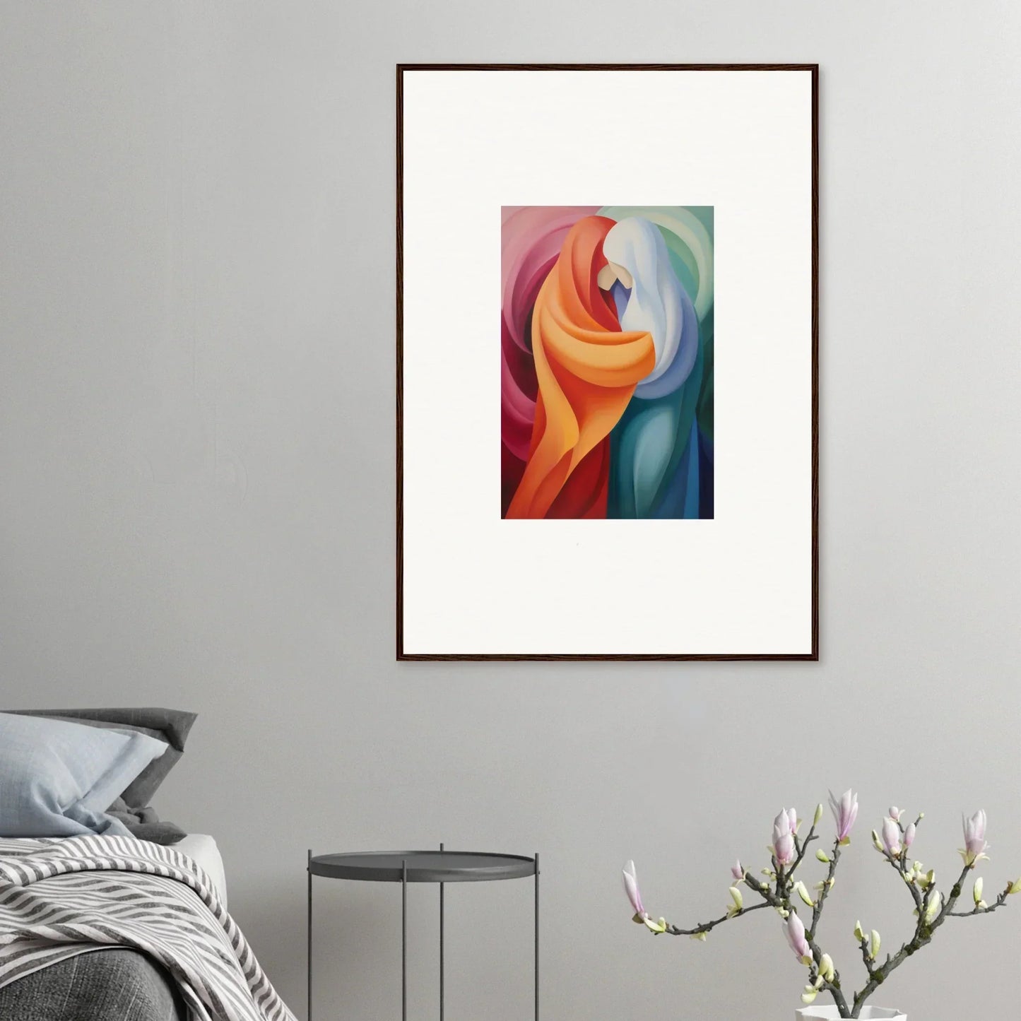 Premium framed wall art of flowing curves in orange, red, and blue for Mystic VesselSpice