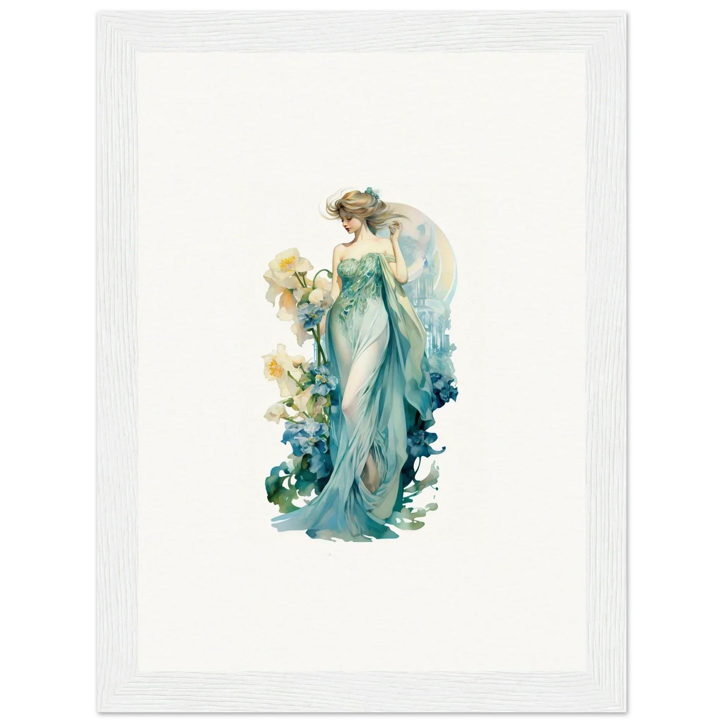 Ethereal female figure in turquoise gown for a neon rendezvous canvas print