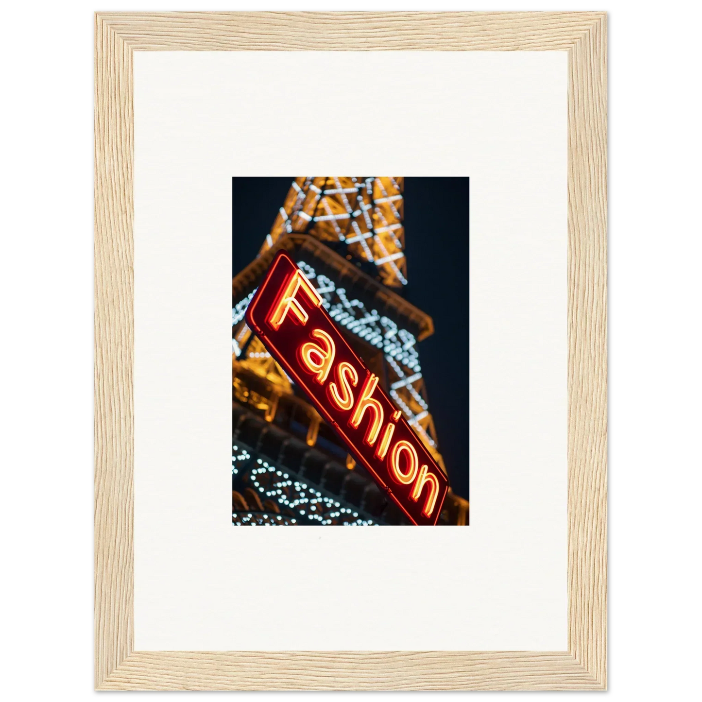 Framed photograph of a lit Fashion neon sign for stylish room decoration