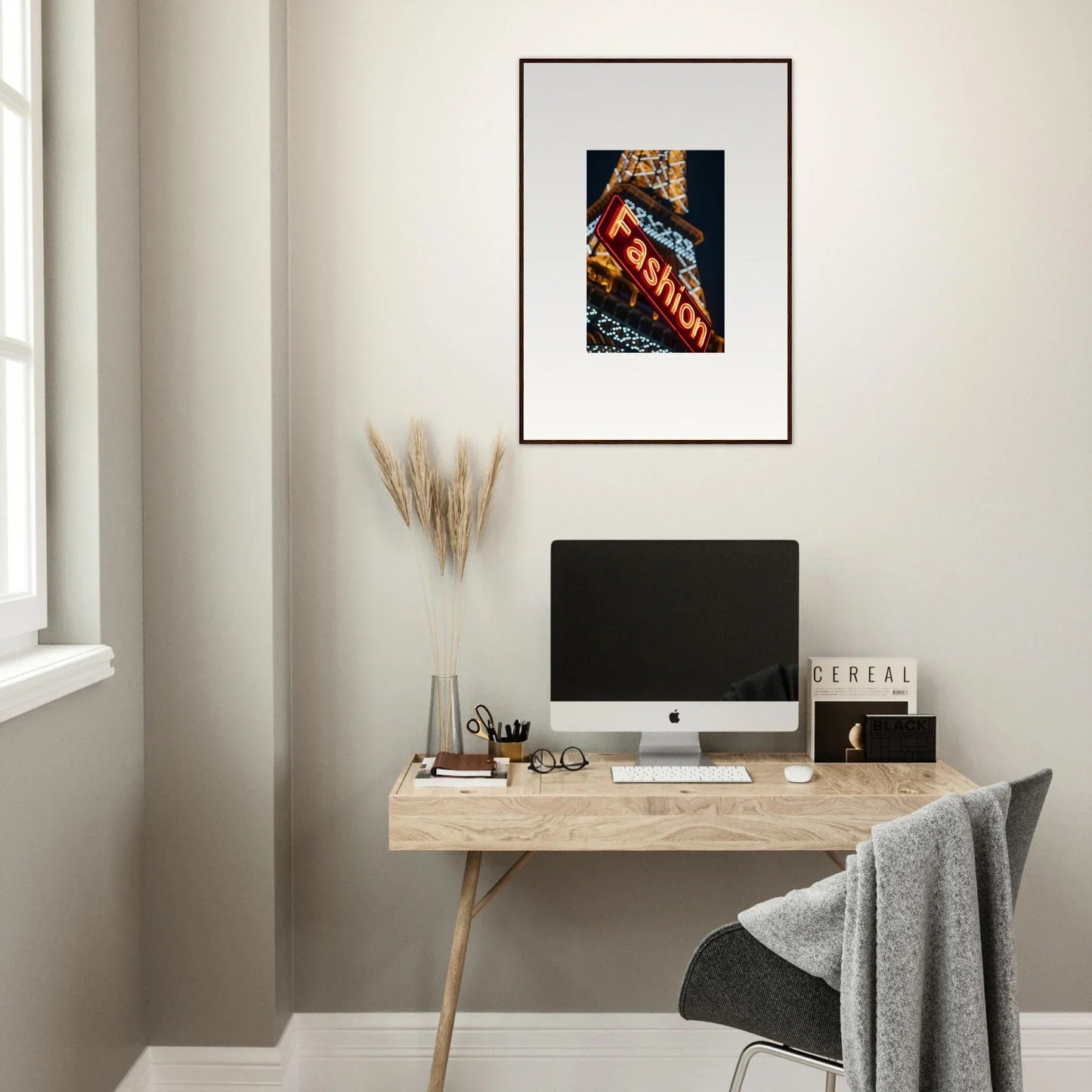 Minimalist home office with a wooden desk, Neon Rendezvous canvas print, and computer monitor