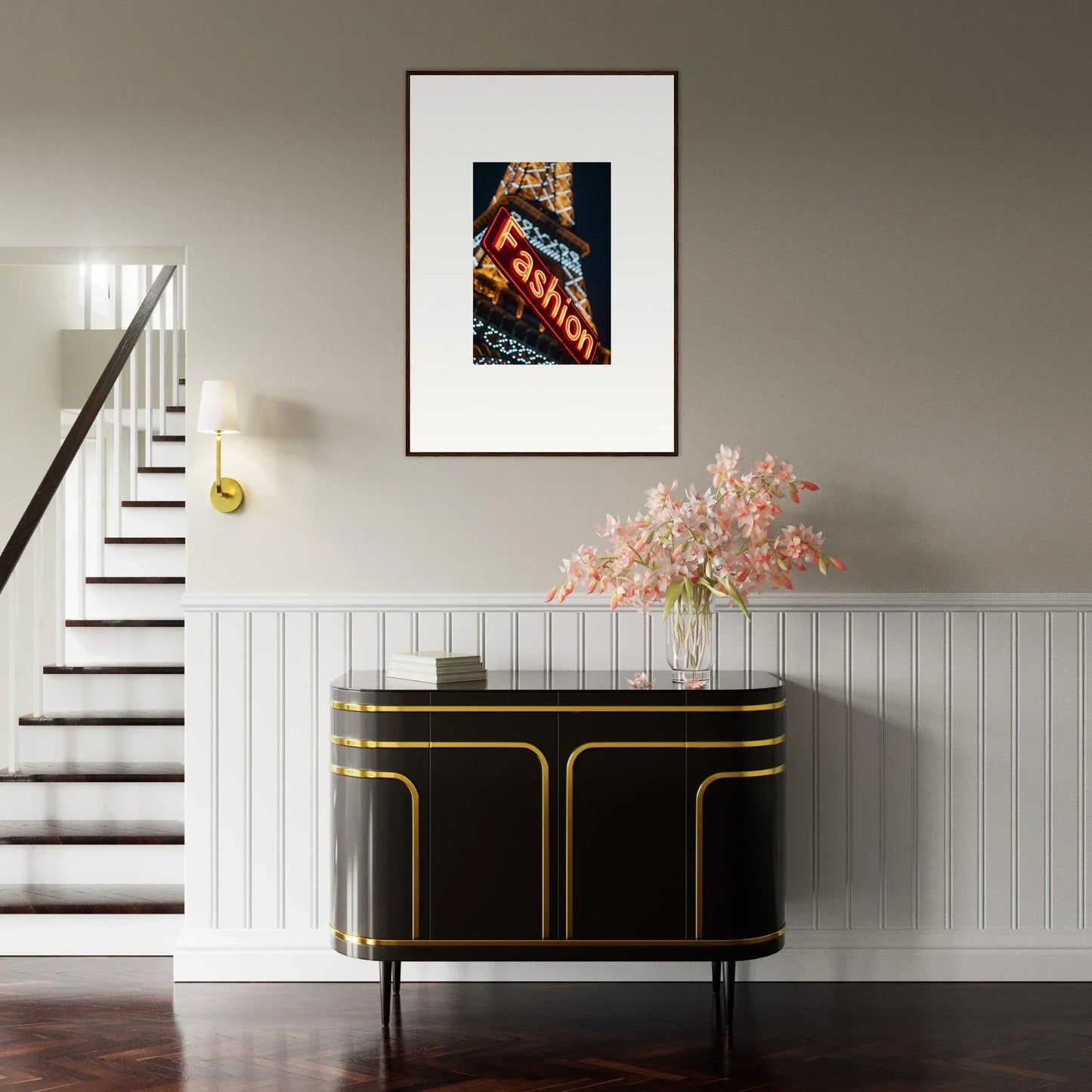 Framed canvas print of a neon rendezvous sign above a stylish black and gold sideboard