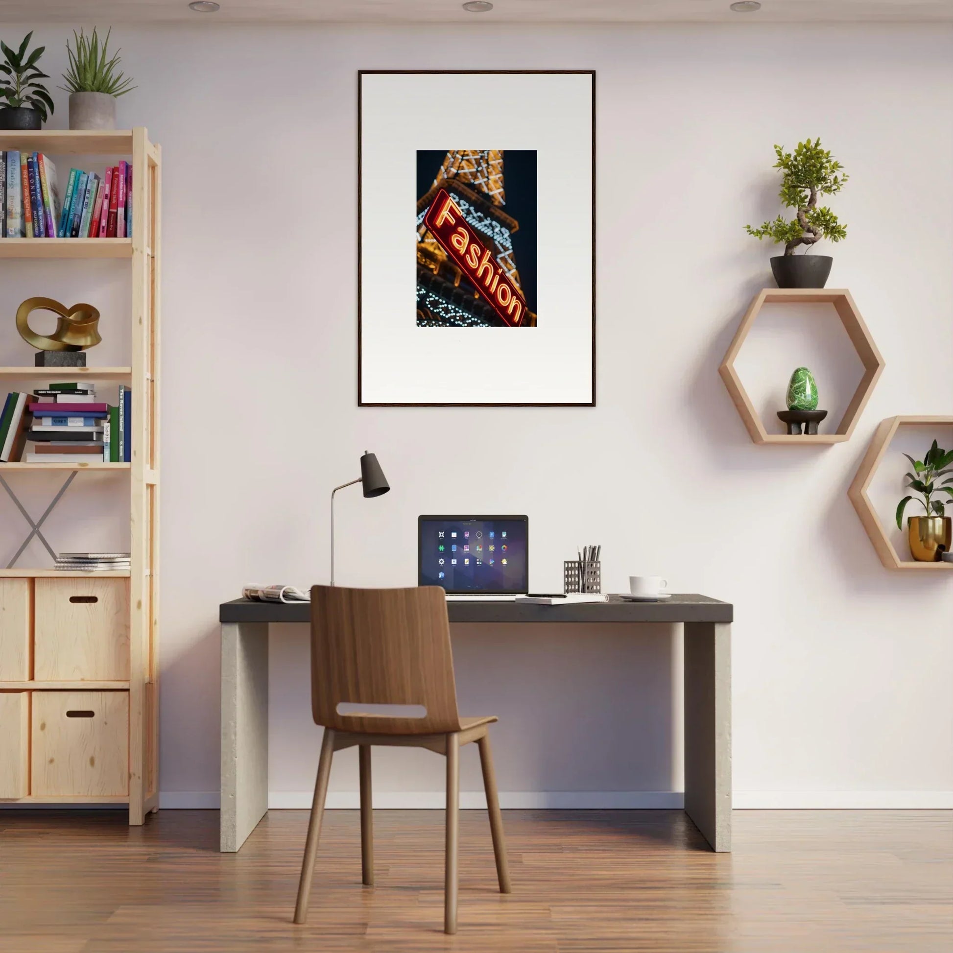 Modern home office with desk, chair, and Neon Rendezvous canvas print for room decoration