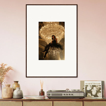 Framed photograph of a person on a grand chandelier for stylish noir majesty room decoration