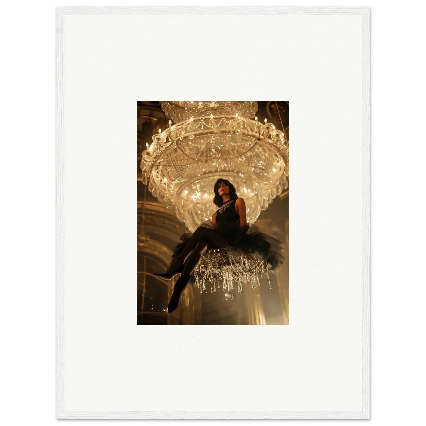 Woman on an ornate crystal chandelier, perfect for room decoration and Noir Majesty canvas print