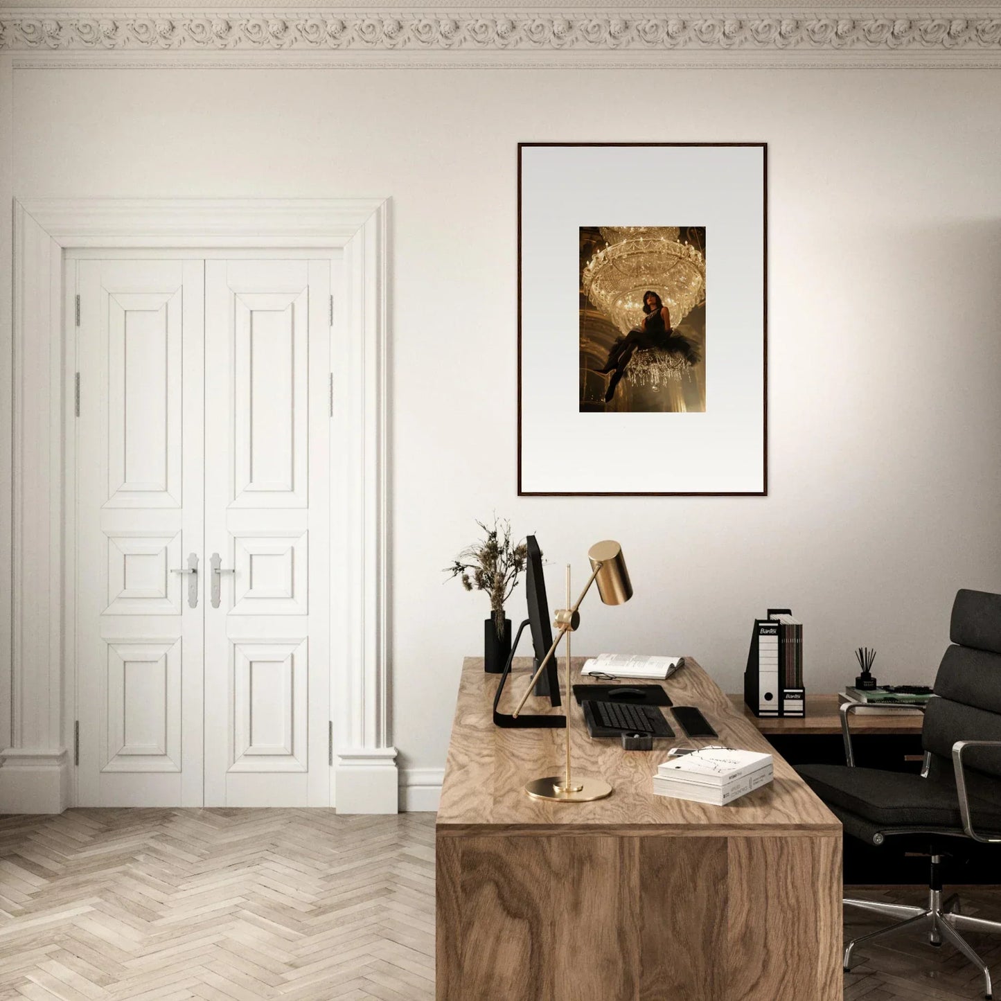 Elegant home office with a wooden desk and Noir Majesty canvas print for room decoration