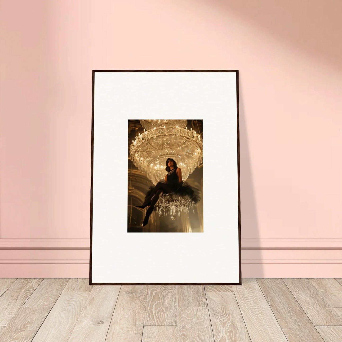 Framed photograph of a person under an ornate chandelier, perfect for noir majesty room decoration