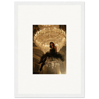 Woman relaxing on a stunning crystal chandelier in a Noir Majesty canvas print