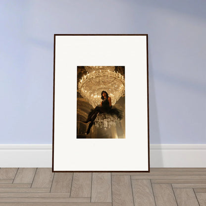 Framed photograph of a person on a chandelier for unique noir majesty room decoration