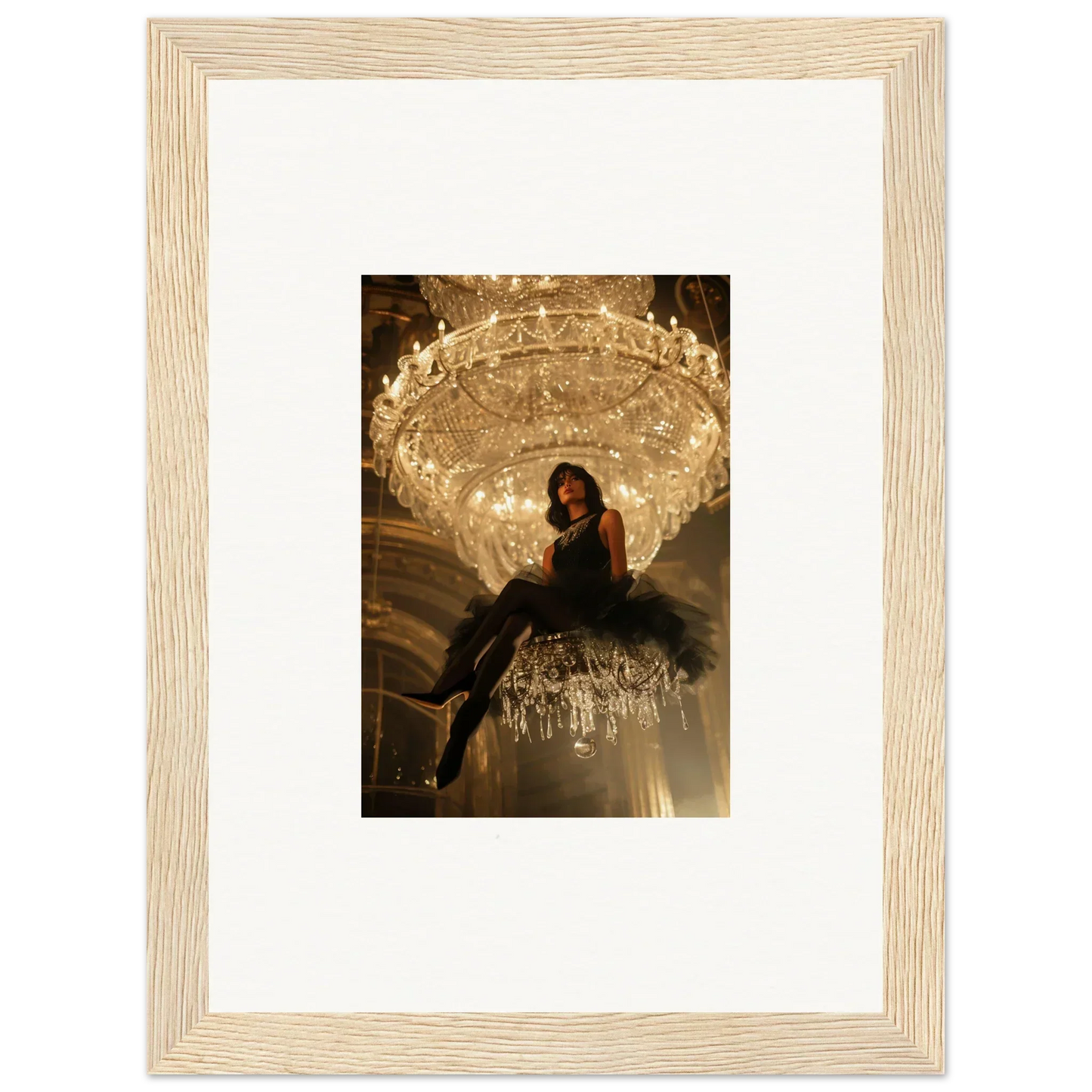 Framed photograph of a person on an ornate crystal chandelier for noir majesty room decoration