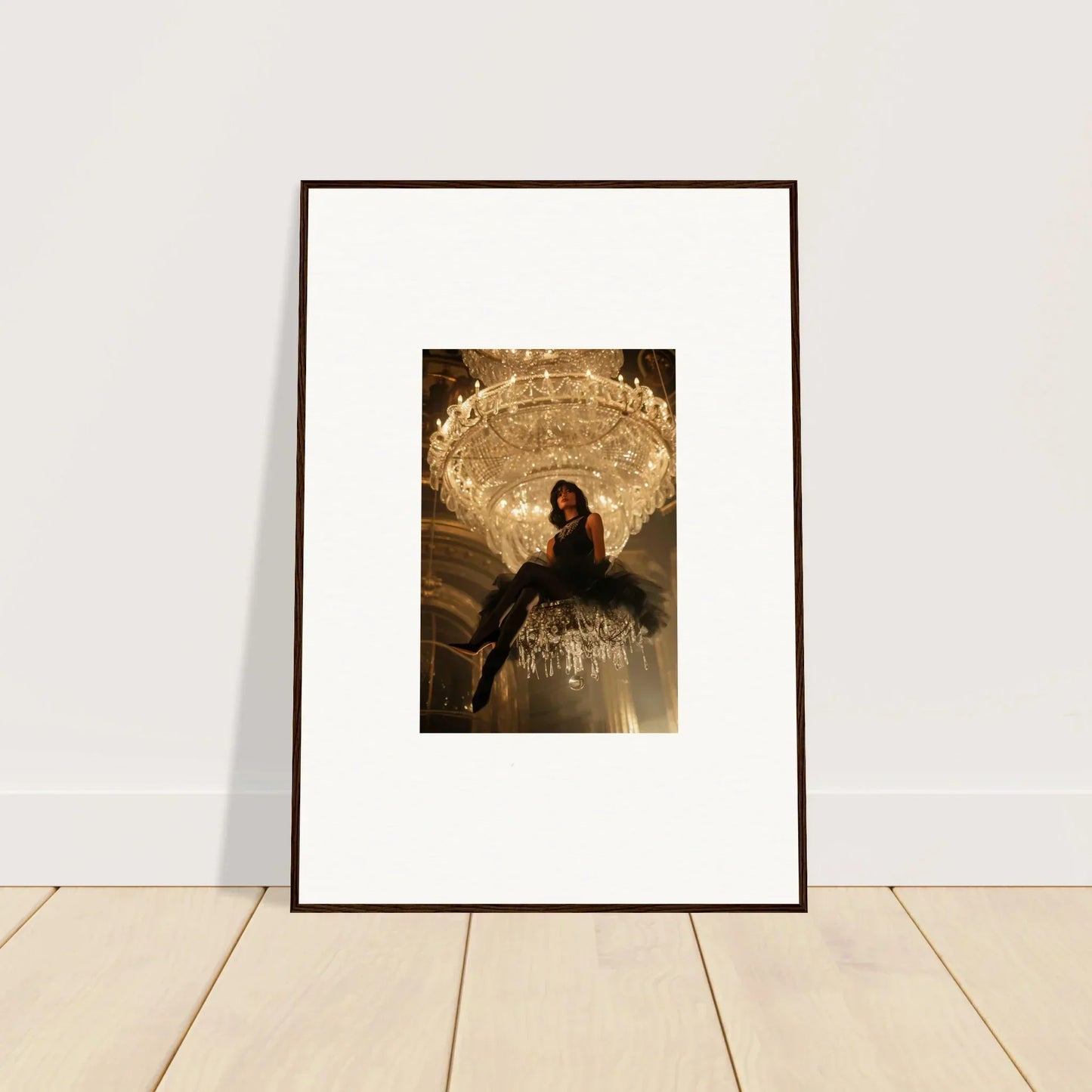 Framed canvas print of a person on a chandelier in a noir majesty room decoration