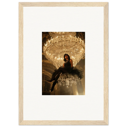 Framed photograph of a person on a chandelier for stylish room decoration in Noir Majesty