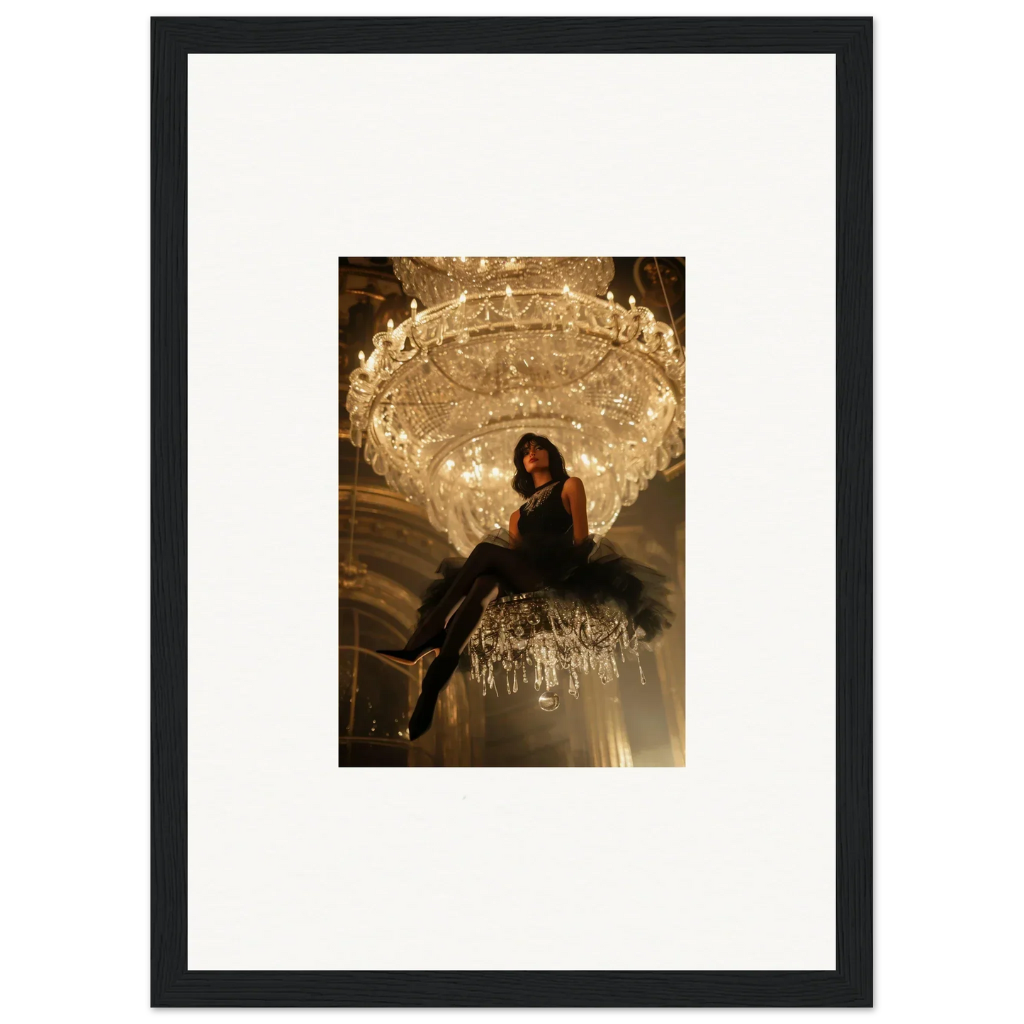 Person on ornate crystal chandelier in stunning Noir Majesty canvas print for room decoration