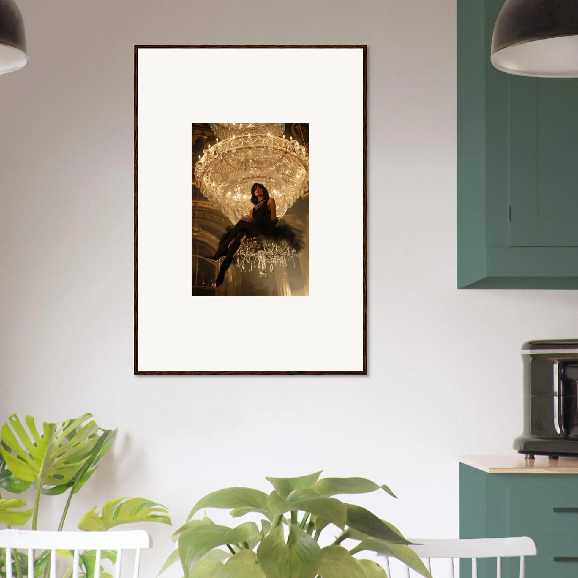 Framed photo of a silhouette under a chandelier, perfect for noir majesty room decoration