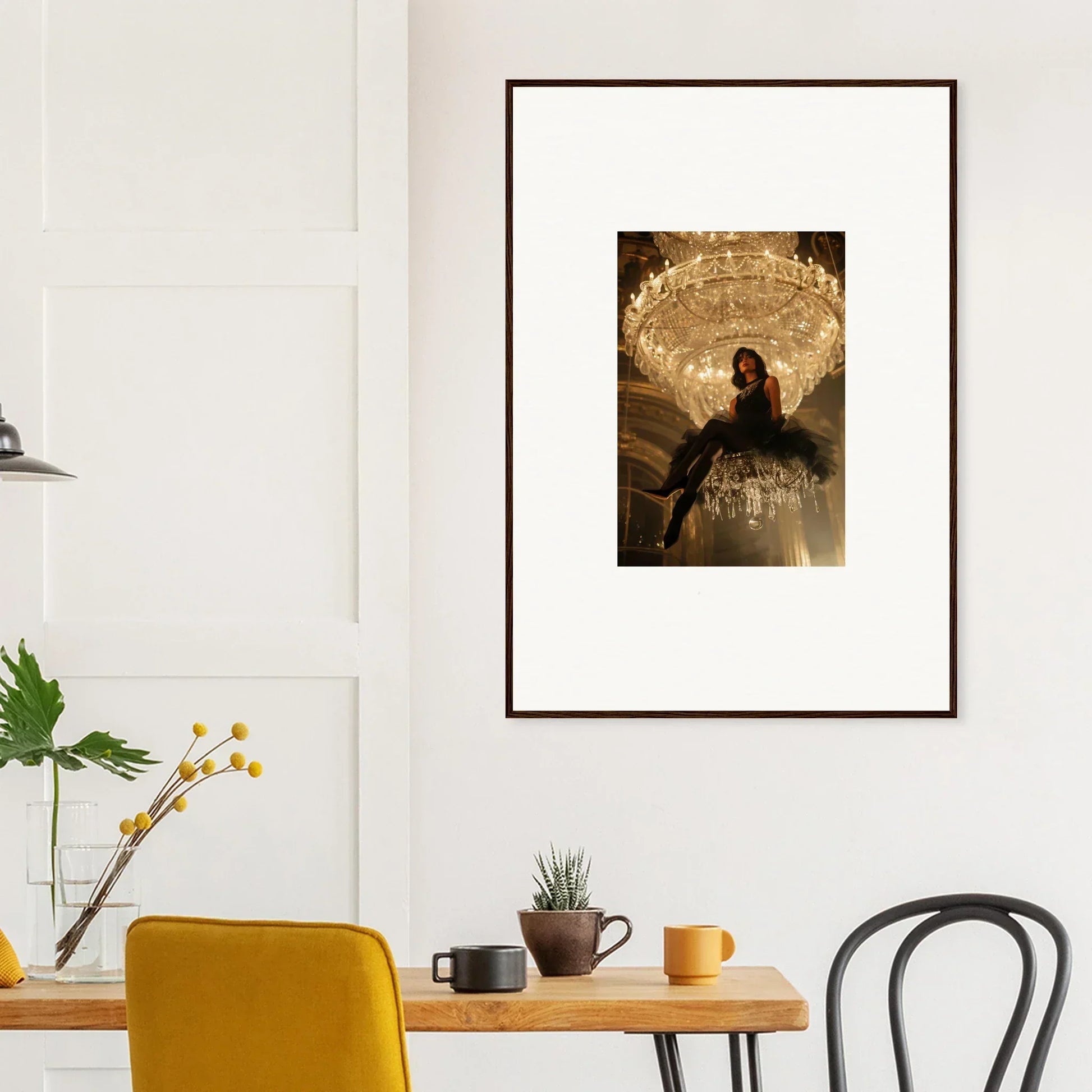 Silhouetted figure under a chandelier in a stylish Noir Majesty canvas print