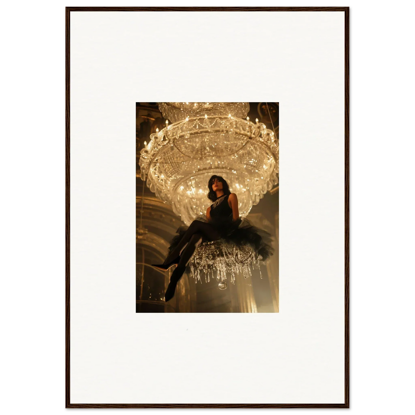 Woman on a crystal chandelier in a stunning Noir Majesty canvas print for room decoration