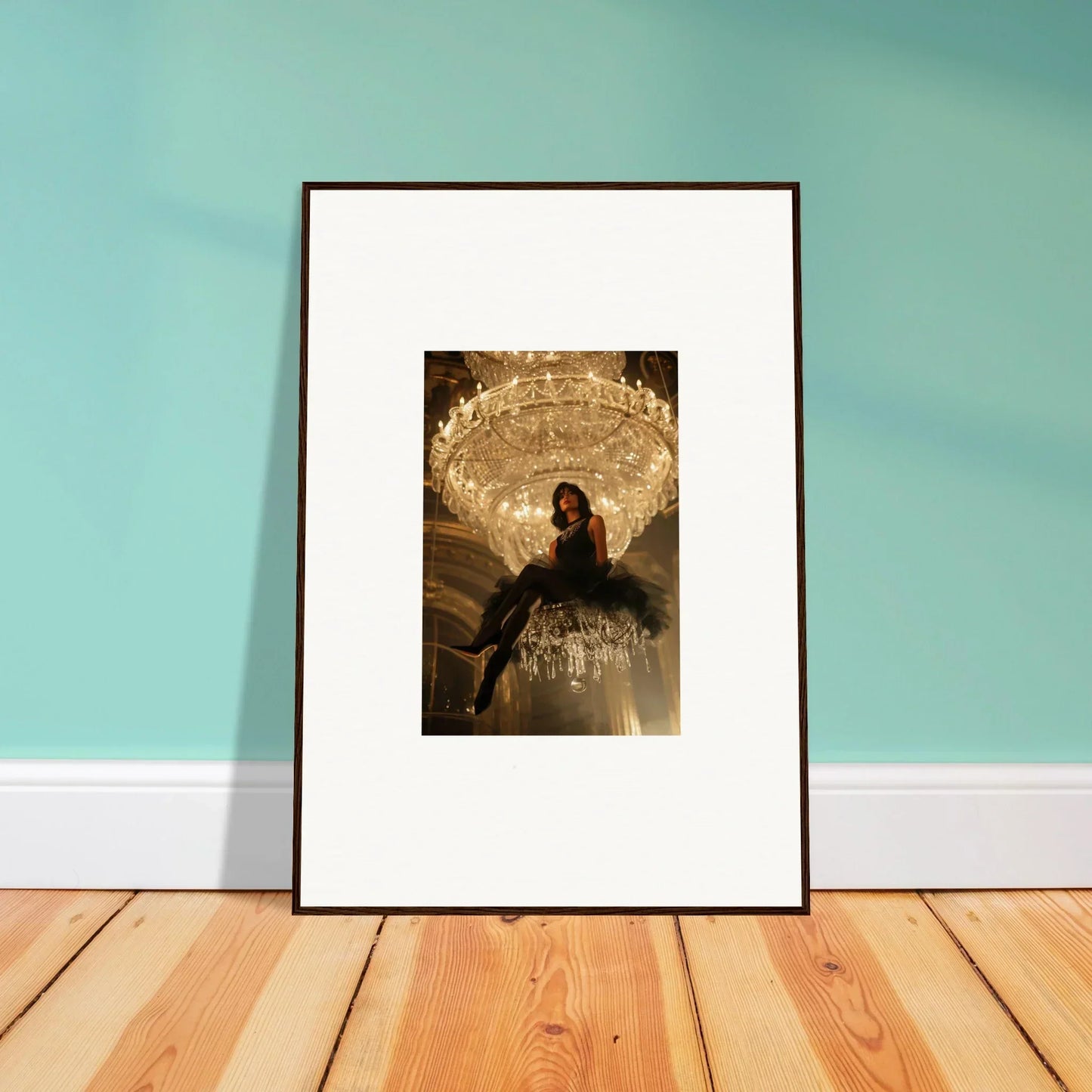 Silhouetted figure under a chandelier in a stunning Noir Majesty canvas print