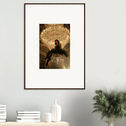 Framed photo of a person on an ornate chandelier for noir majesty room decoration