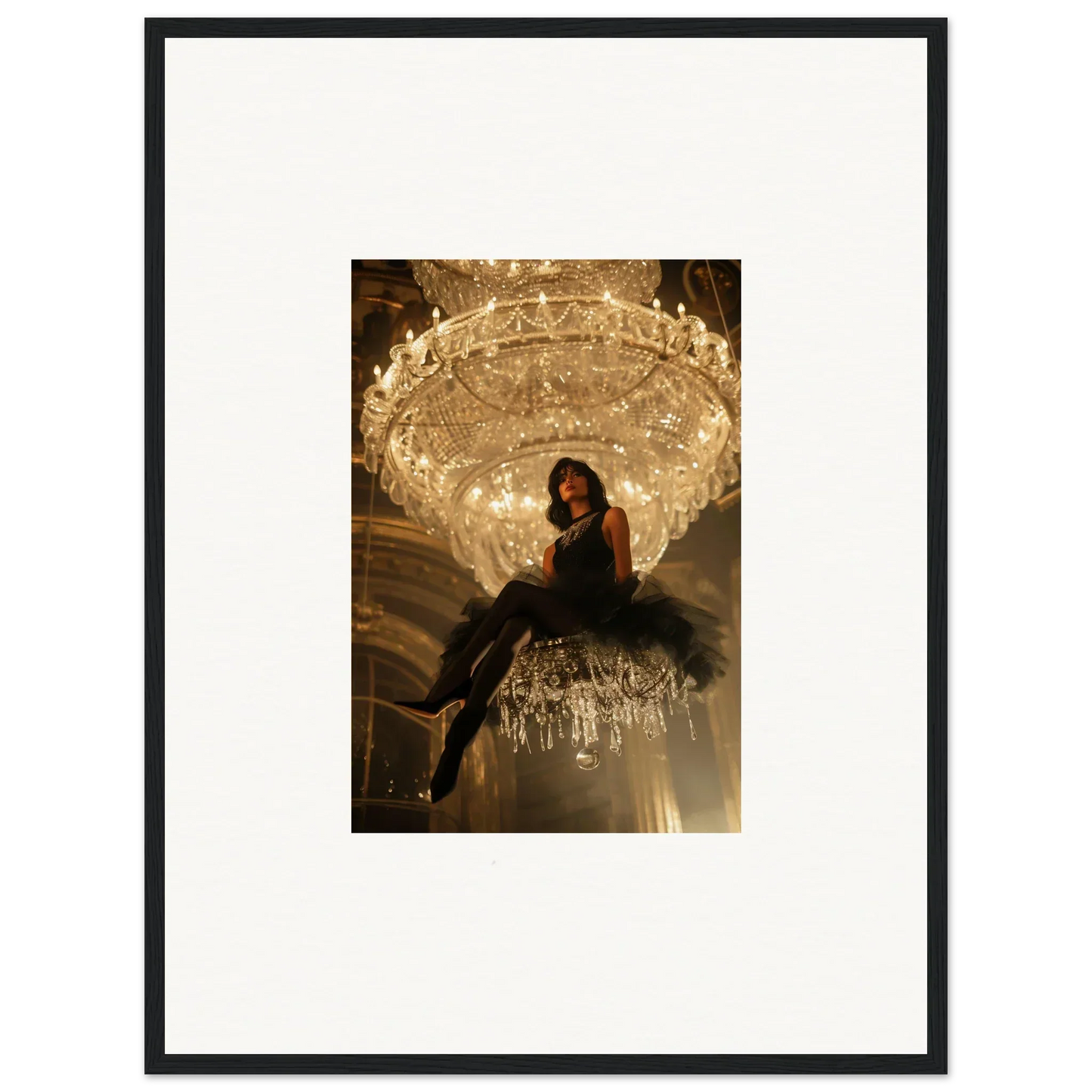 Person sitting atop an ornate crystal chandelier for a stylish room decoration in Noir Majesty