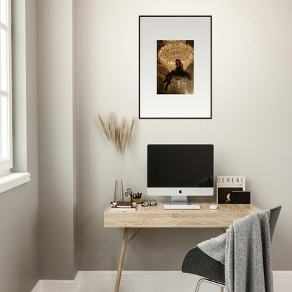 Minimalist home office with wooden desk, computer, and Noir Majesty canvas print