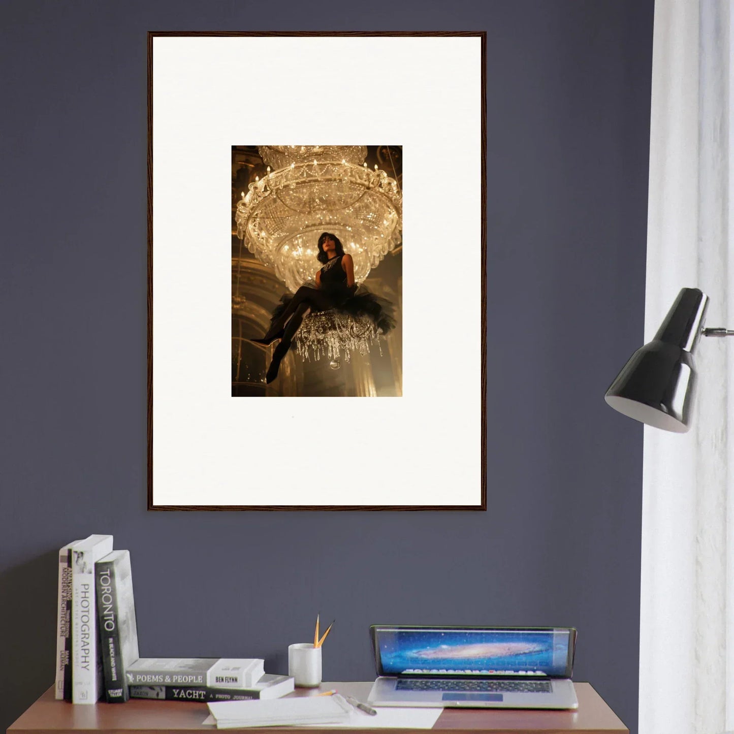 Framed canvas print of an ornate chandelier person in Noir Majesty room decoration