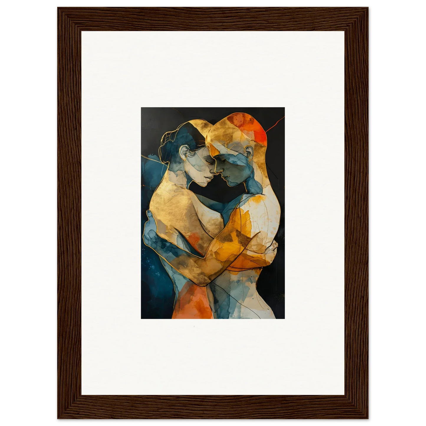 Abstract painting of two figures embracing in warm and cool tones for room decoration