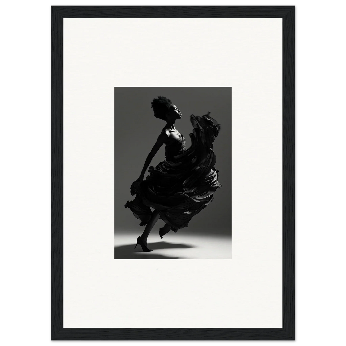 Silhouette of a dancer in a flowing dress, captured mid-twirl.