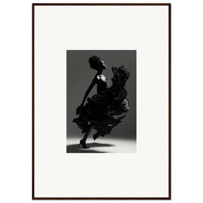 Silhouette of a dancer in a flowing dress captured mid-twirl.