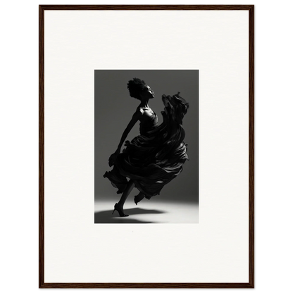 Silhouette of a dancer in a flowing dress captured mid-twirl.