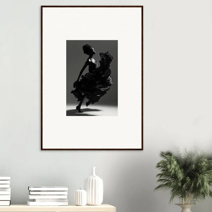 Framed black and white photograph of a flamenco dancer in motion.