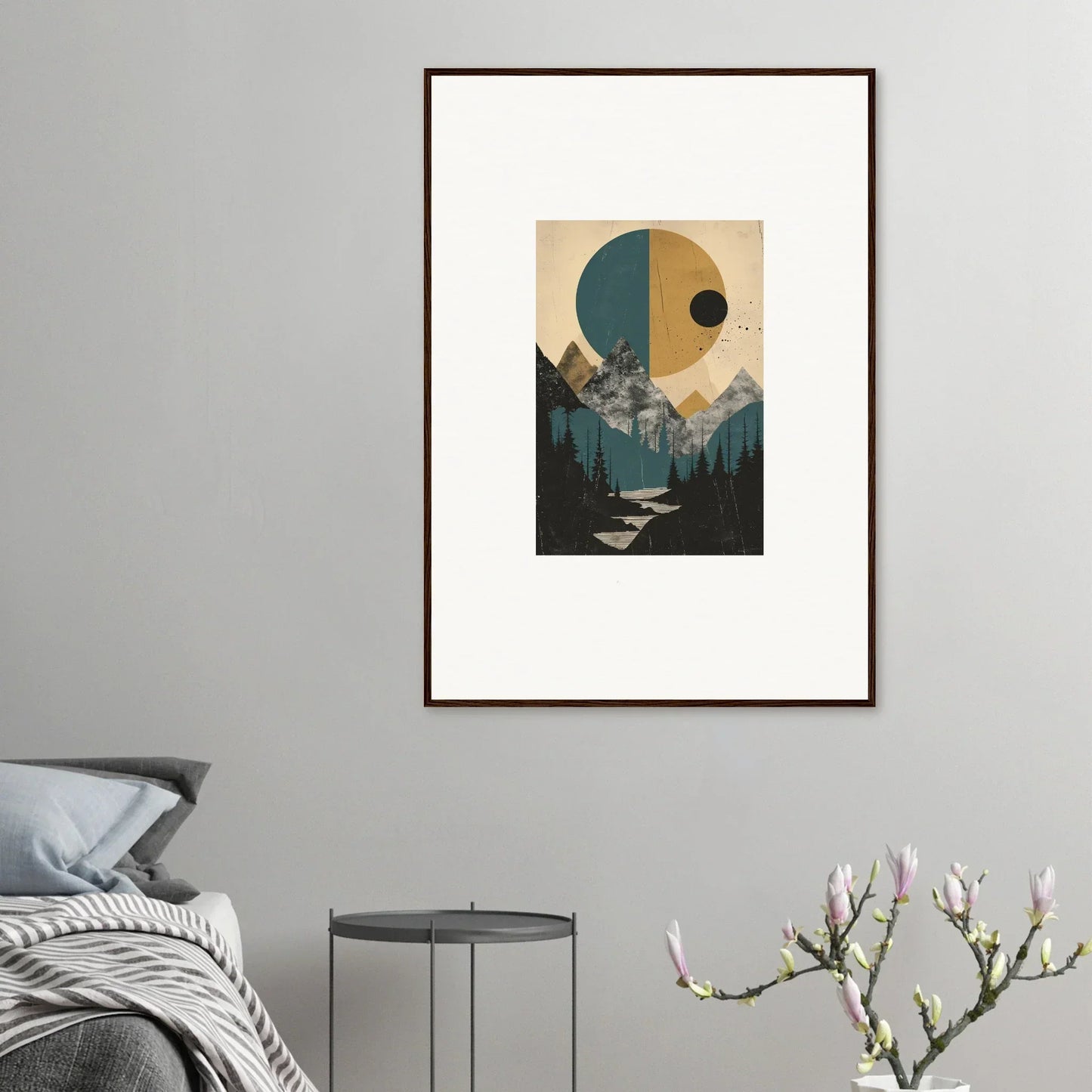 Framed abstract landscape artwork of mountains and a path for elegant room decor