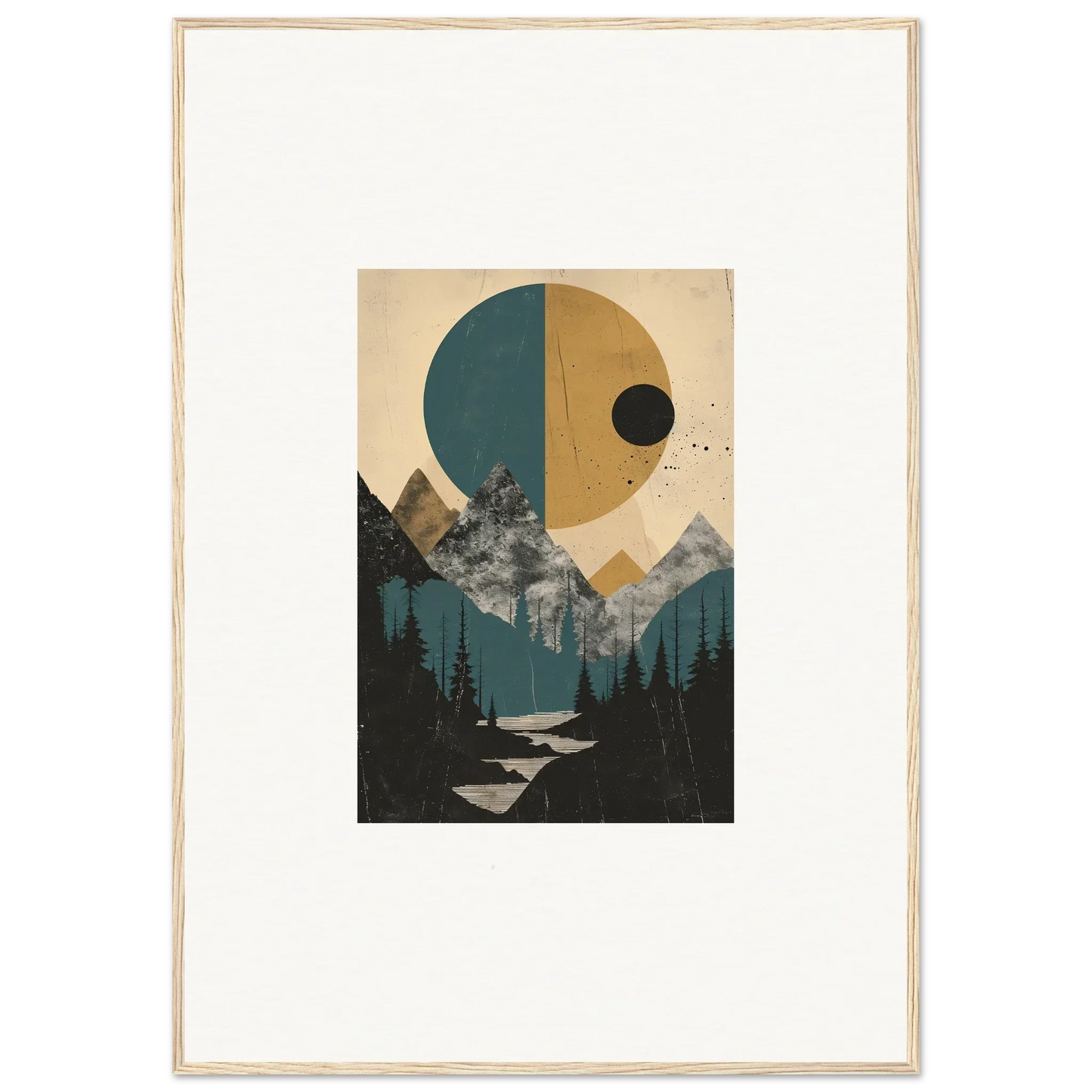 Framed abstract landscape artwork of mountains and sun for modern room decor, Eclipse Oasis