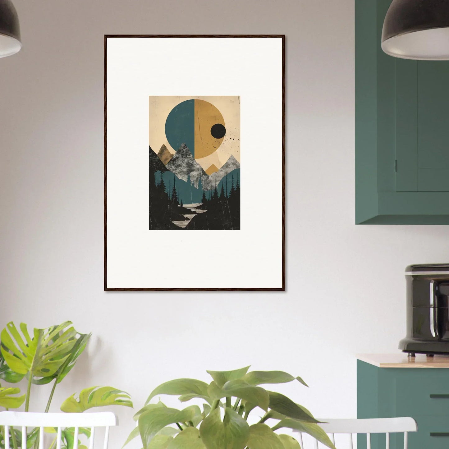 Framed abstract landscape wall art featuring geometric shapes and an eclipse oasis scene