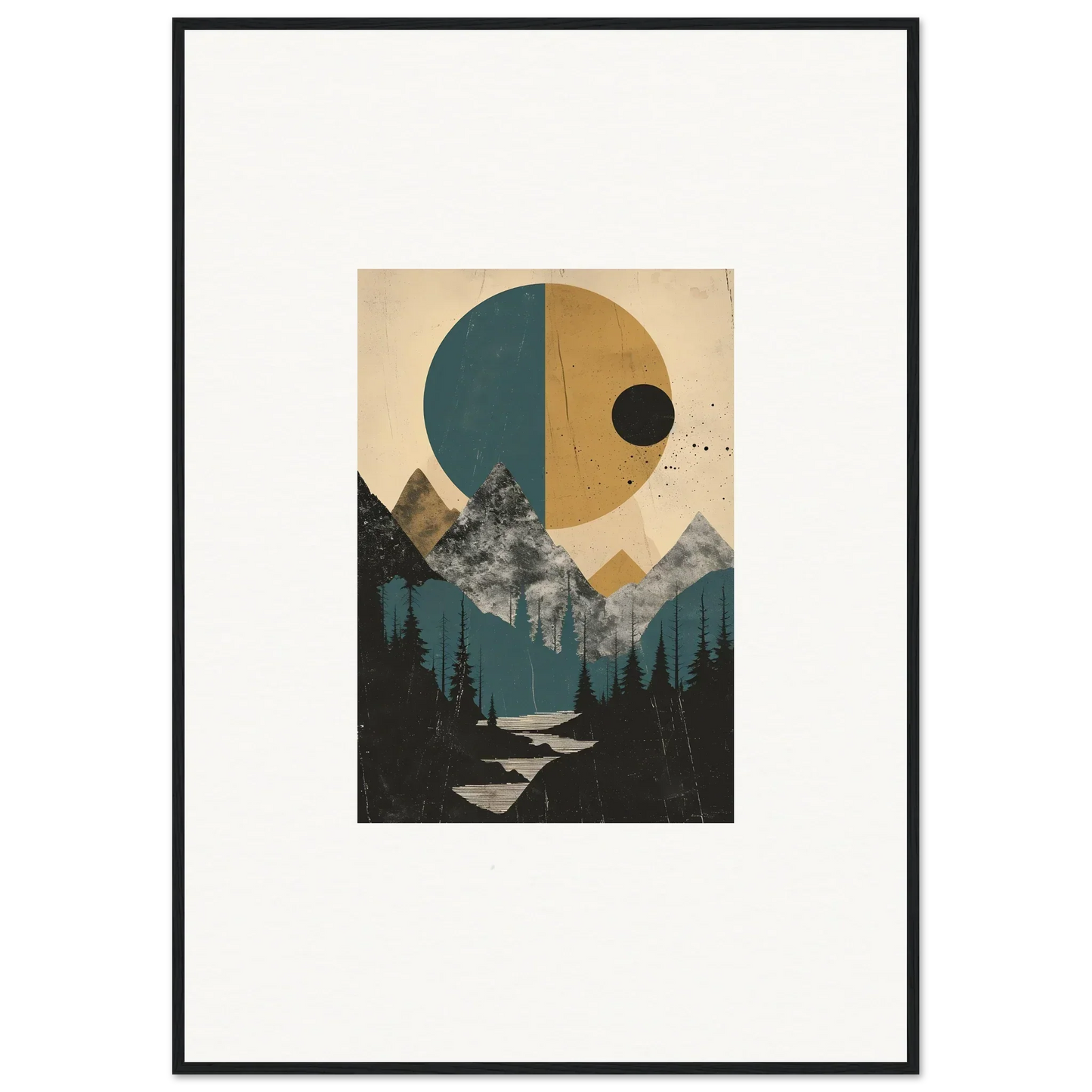 Framed wall art of abstract landscape with geometric shapes for eclipse oasis room decor