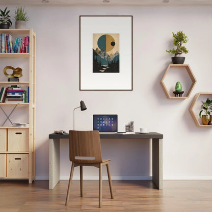 Home office workspace featuring Eclipse Oasis decor, a stylish desk, and framed wall art