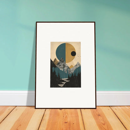 Framed wall art of Nebulous Eclipse Oasis with mountains, trees, and geometric shapes