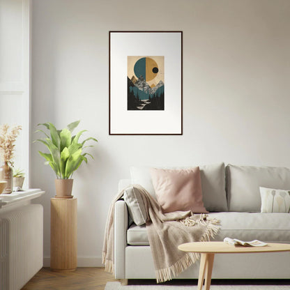 Framed wall art of a geometric mountainous landscape in the Eclipse Oasis style