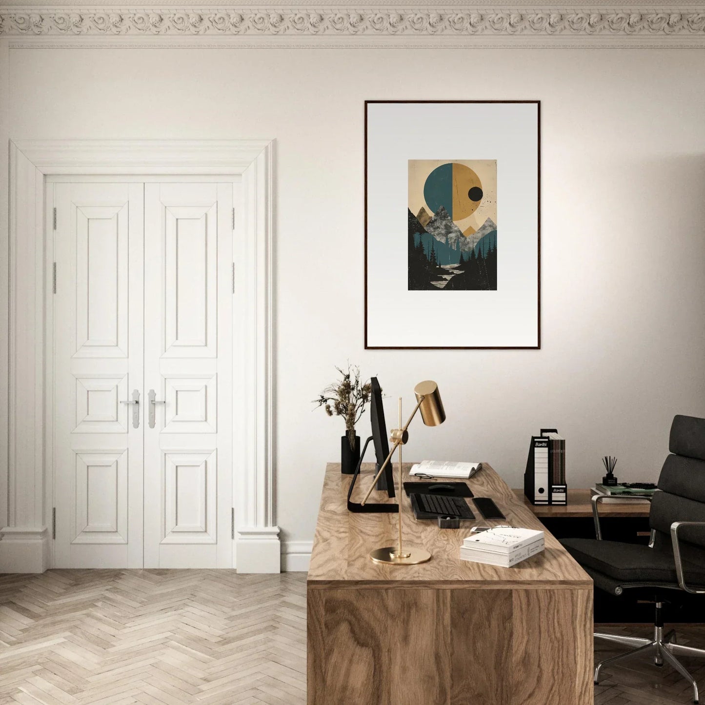 Wooden desk with typewriter and books in a minimalist Eclipse Oasis workspace