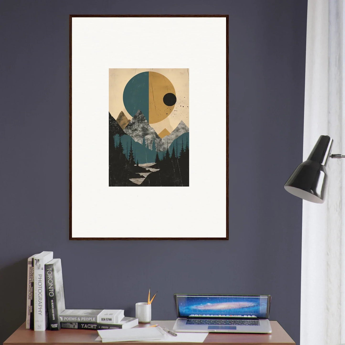 Framed abstract landscape artwork of mountains and trees, perfect for Eclipse Oasis room decor