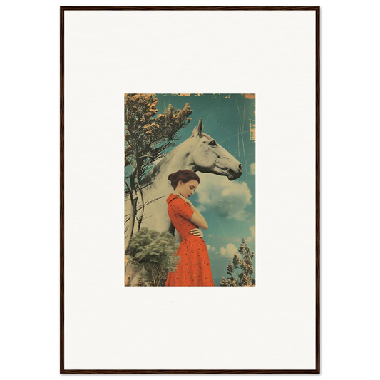 Framed vintage artwork of a woman in a red dress with a white horse, Nebulous Equus Whisper