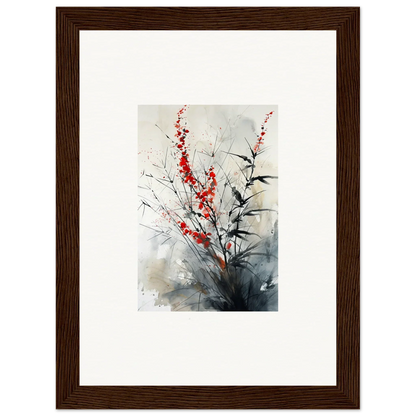 Framed wall art of delicate red flowers in Nebulous Scarlet Symphony for elegant room decor