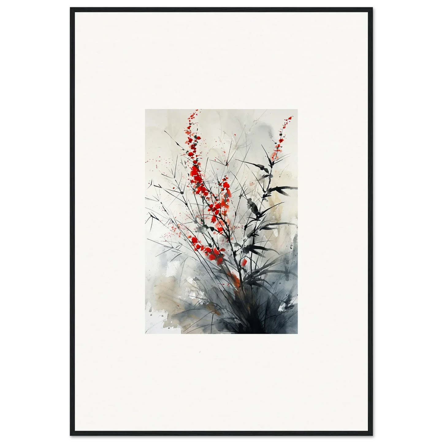 Framed wall art of red blossoms and dark branches in a scarlet symphony style