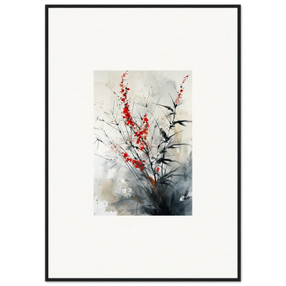 Framed wall art of red blossoms and dark branches in a scarlet symphony style