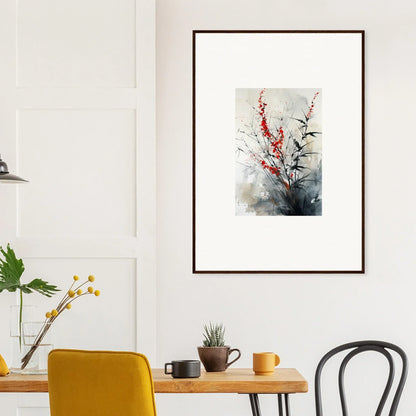 Framed wall art of red blossoms and dark branches in Scarlet Symphony design