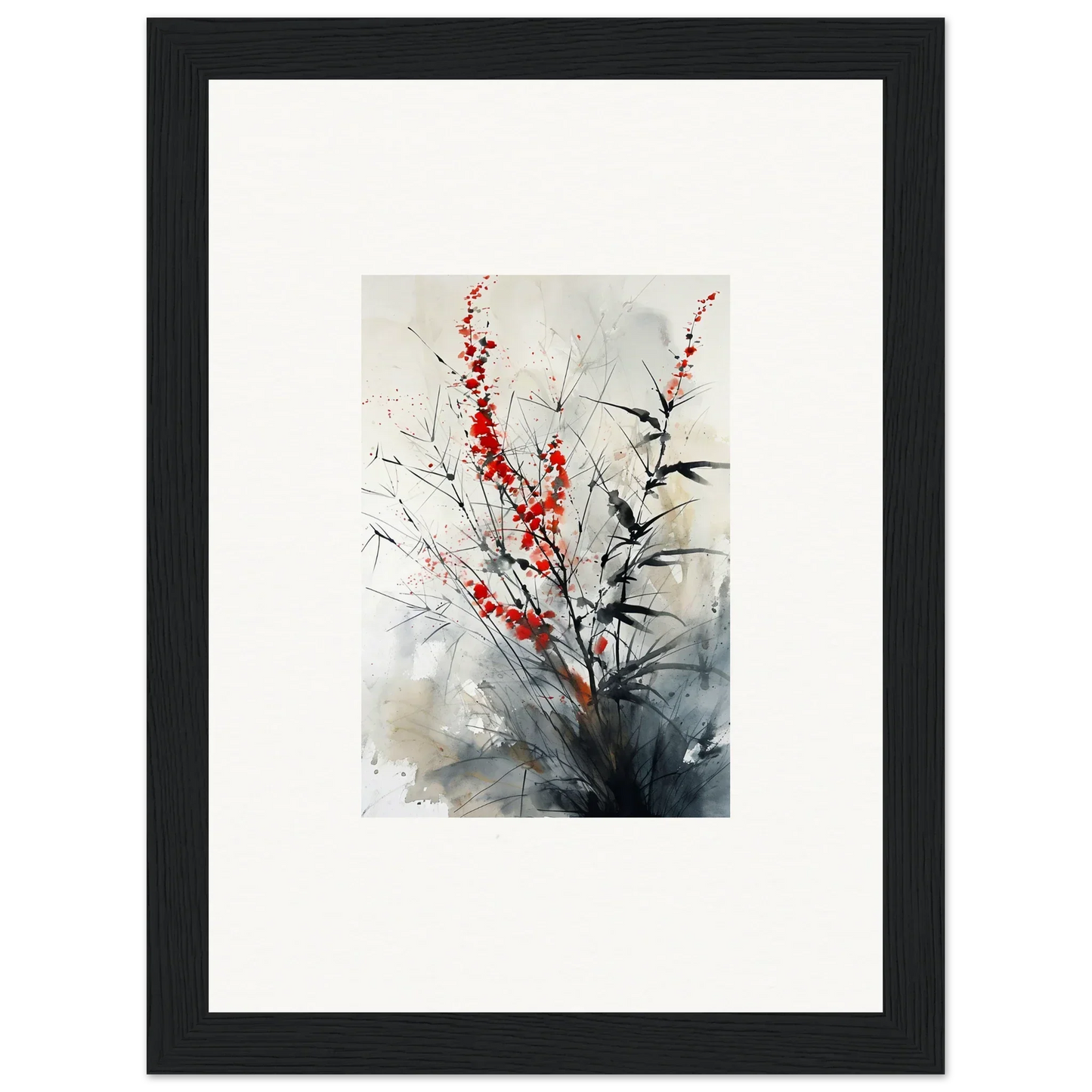 Framed wall art of scarlet symphony with delicate red flowers in abstract watercolor