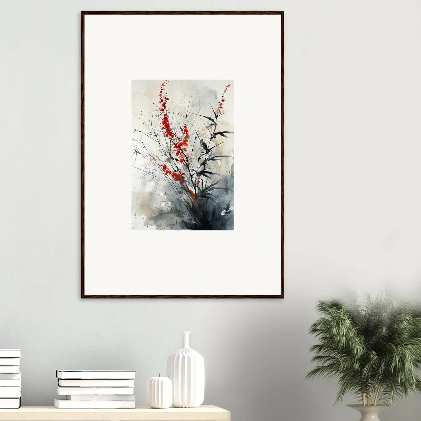 Framed wall art of delicate red blossoms in Scarlet Symphony for elegant room decor